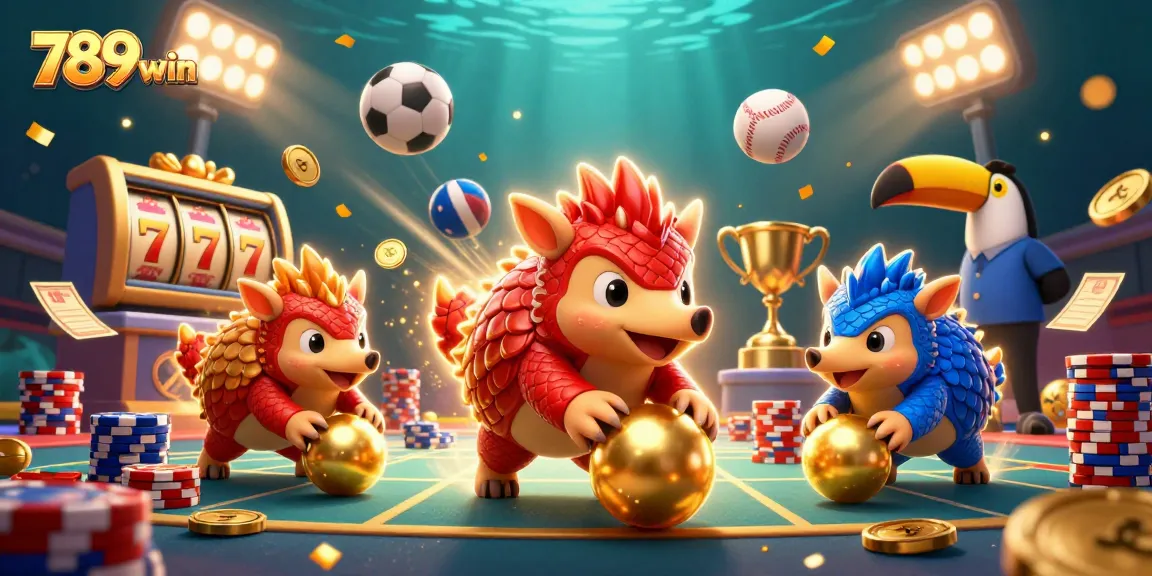 Watch 789win pangolins compete in a thrilling casino showdown amid golden jackpot symbols.