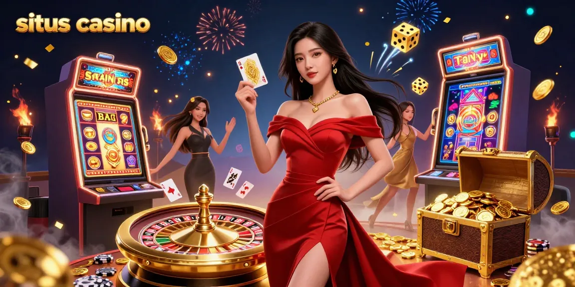 Experience the excitement at situs casino with a stunning scene featuring a beautiful dealer and vibrant casino elements.