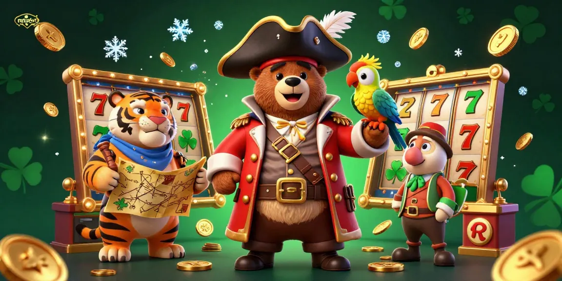 Engage with ratuslot's dynamic slot gaming scene featuring a pirate bear, a tiger, and golden coins.