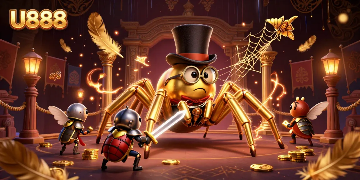 Experience thrilling moments at U888 with a giant tarantula weaving gold in a vibrant casino