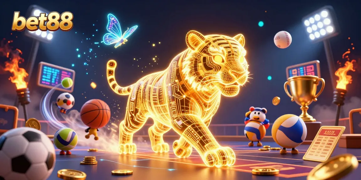 Experience excitement with bet88 as a golden tiger prowls a digital casino, surrounded by sports elements.