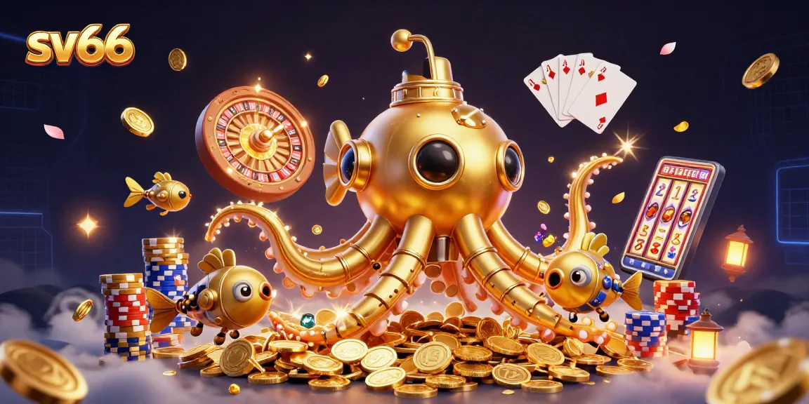 Experience thrilling slots and games at sv66, featuring a golden kraken submarine amidst cascading coins.
