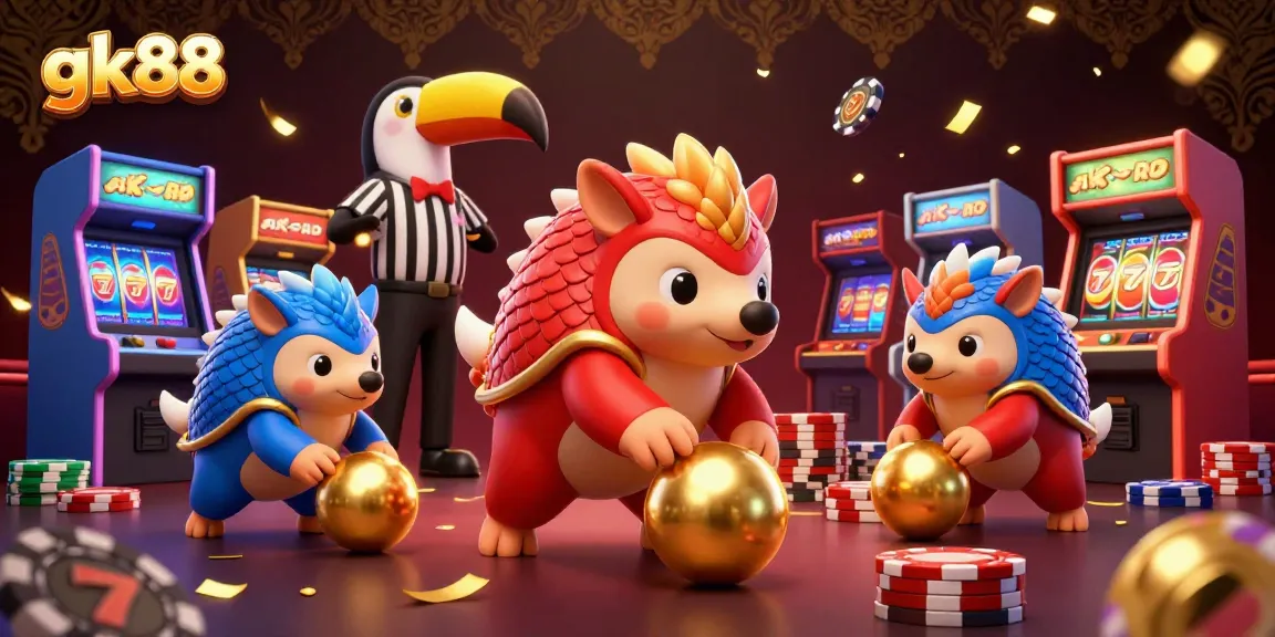 Experience thrilling gameplay at gk88 with rival pangolins bowling through poker chips in an exciting casino scene.