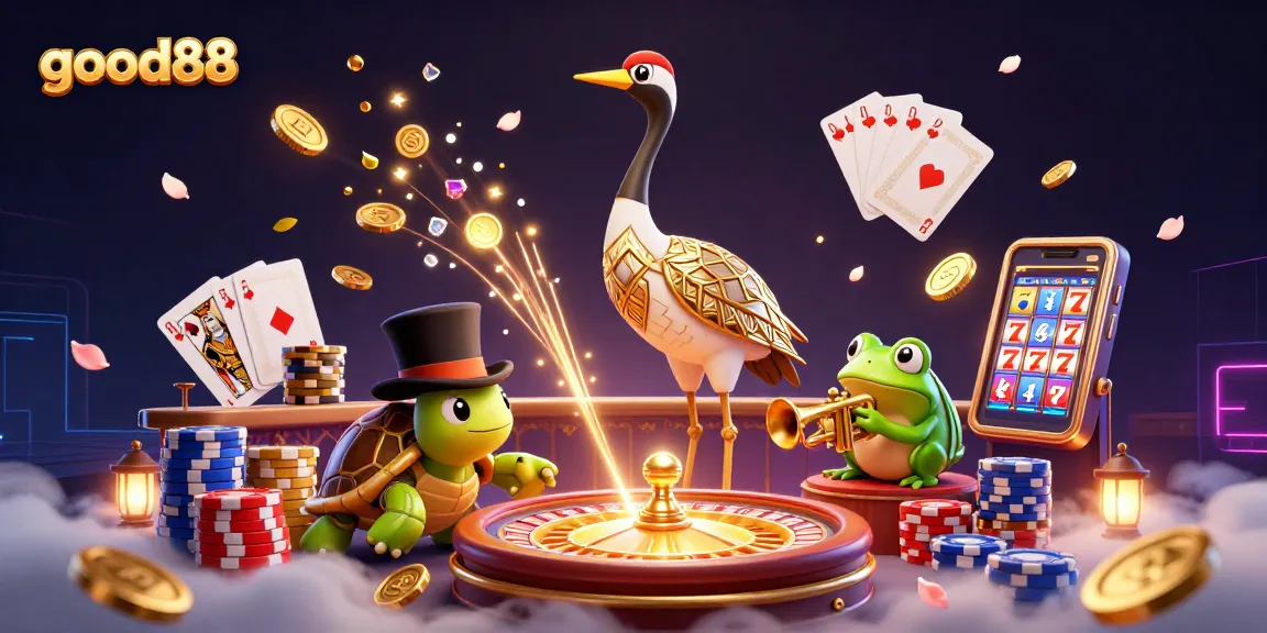 Experience the ultimate thrill at good88 with vibrant casino characters amidst golden coins and high-stakes games.