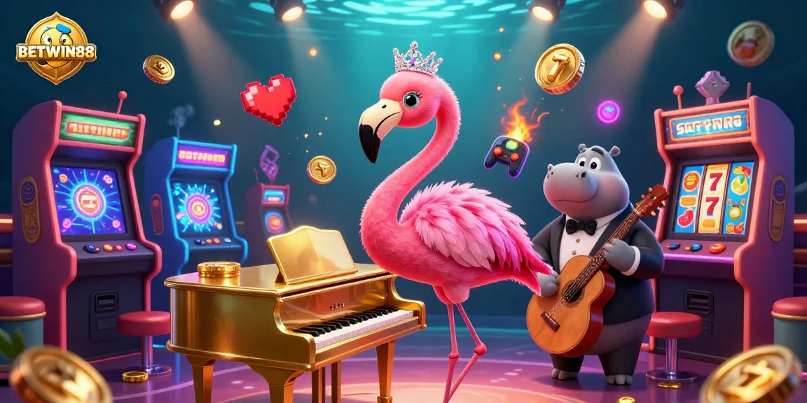 Join the excitement at BETWIN88 with interactive games showcased in a vibrant casino scene.