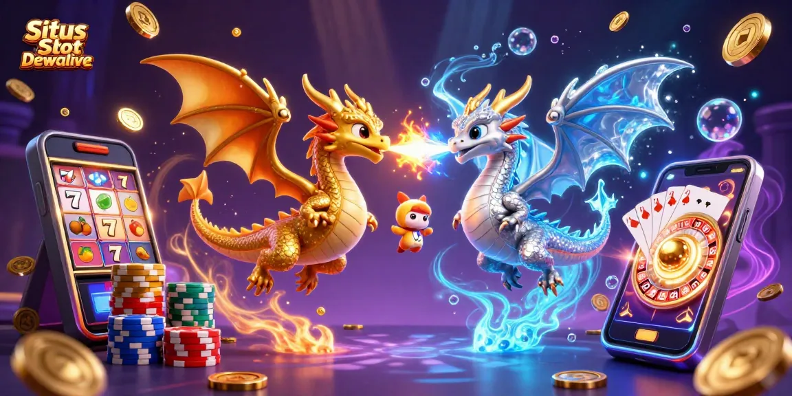 Situs Slot Gacor Dewalive featuring twin dragons amidst golden coins and slot machine reels for a vibrant gaming atmosphere.