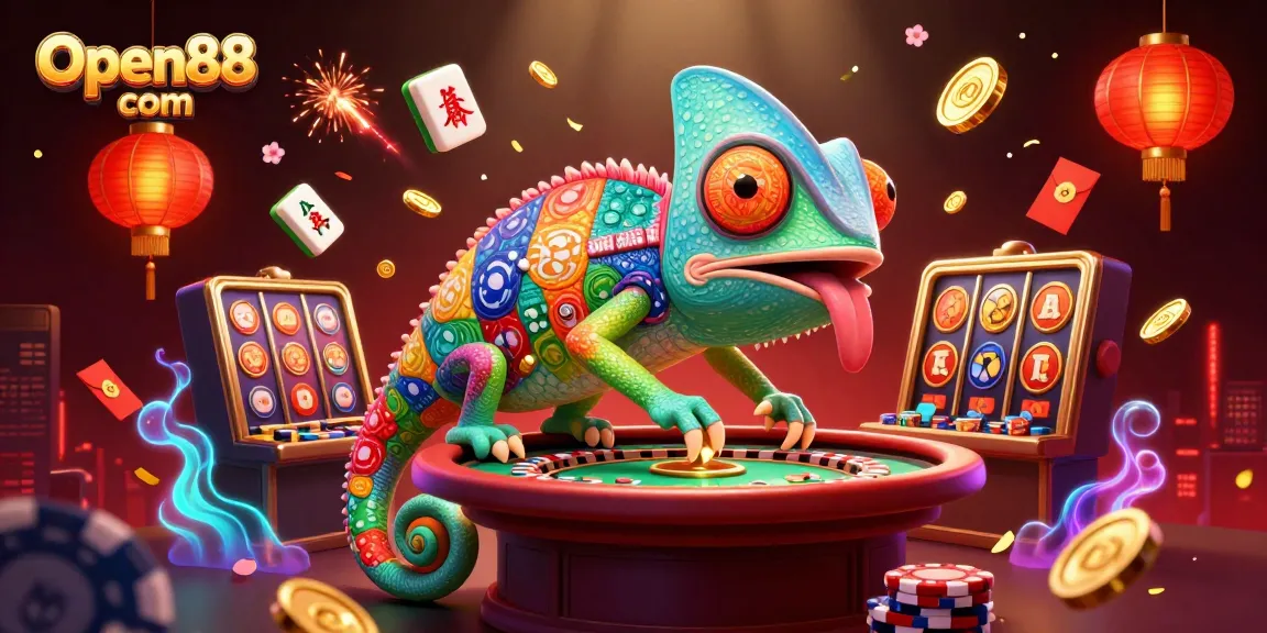 Engage with Open88 com’s thrilling gaming experience featuring a vibrant chameleon in a lively casino scene.