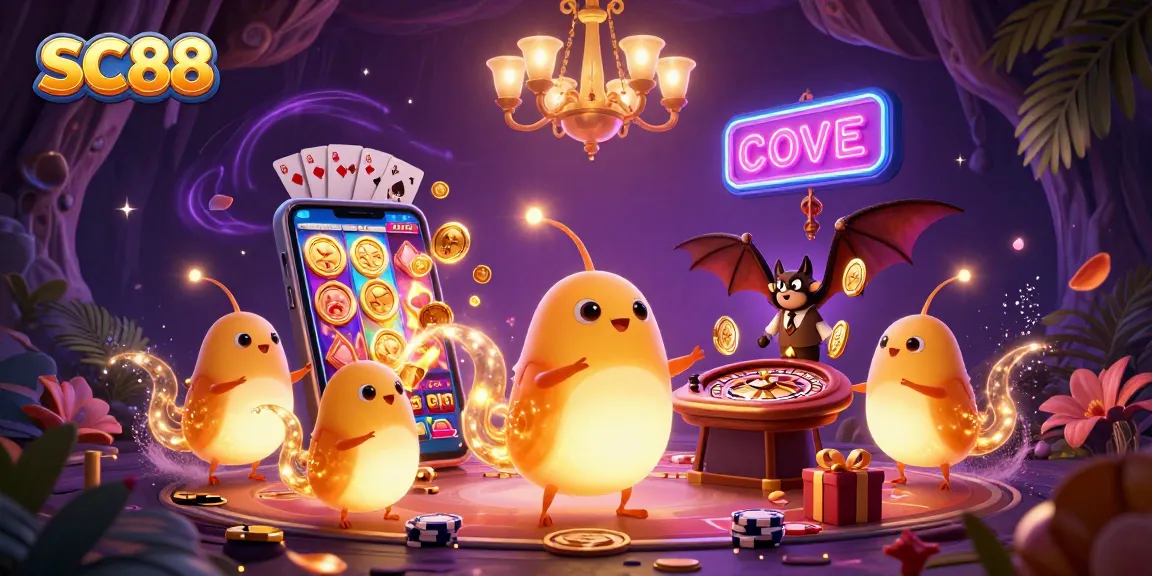 SC88 enthusiasts enjoy colorful slot gameplay with glowworm characters in a vibrant cave casino.