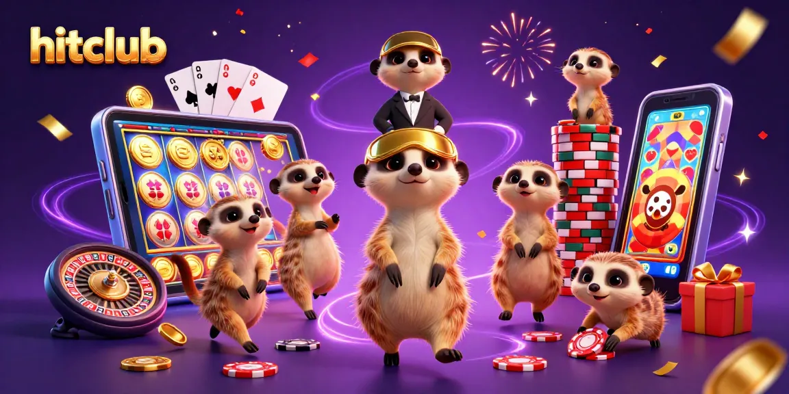 Enjoy thrilling slots at hitclub amidst lively meerkats in a fun casino atmosphere.