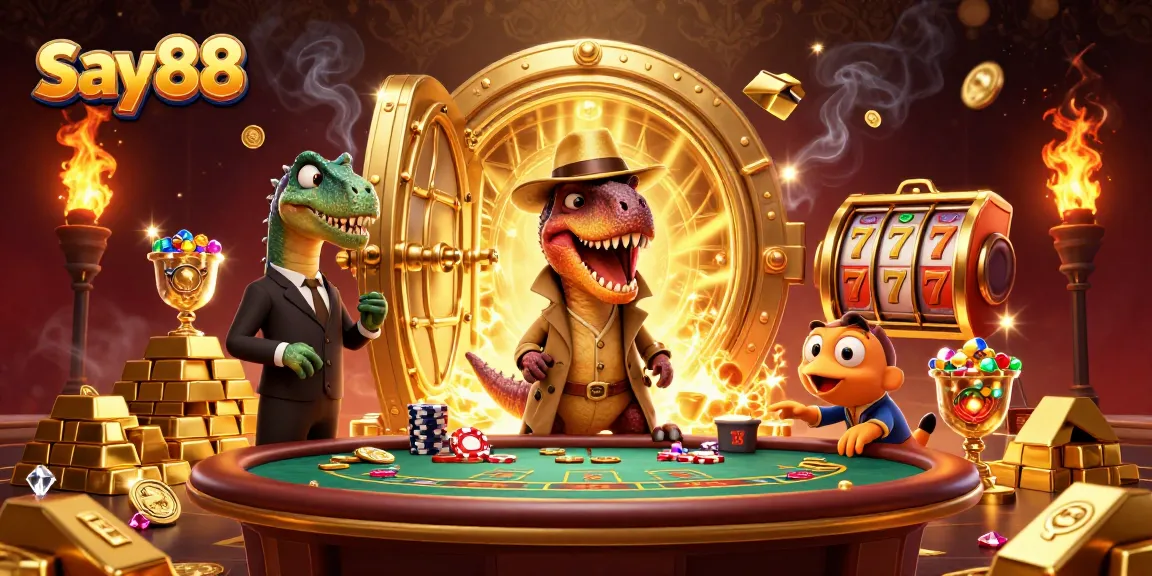 Experience thrilling wins at say88 with a dynamic visual of an animated casino scene featuring colorful characters.