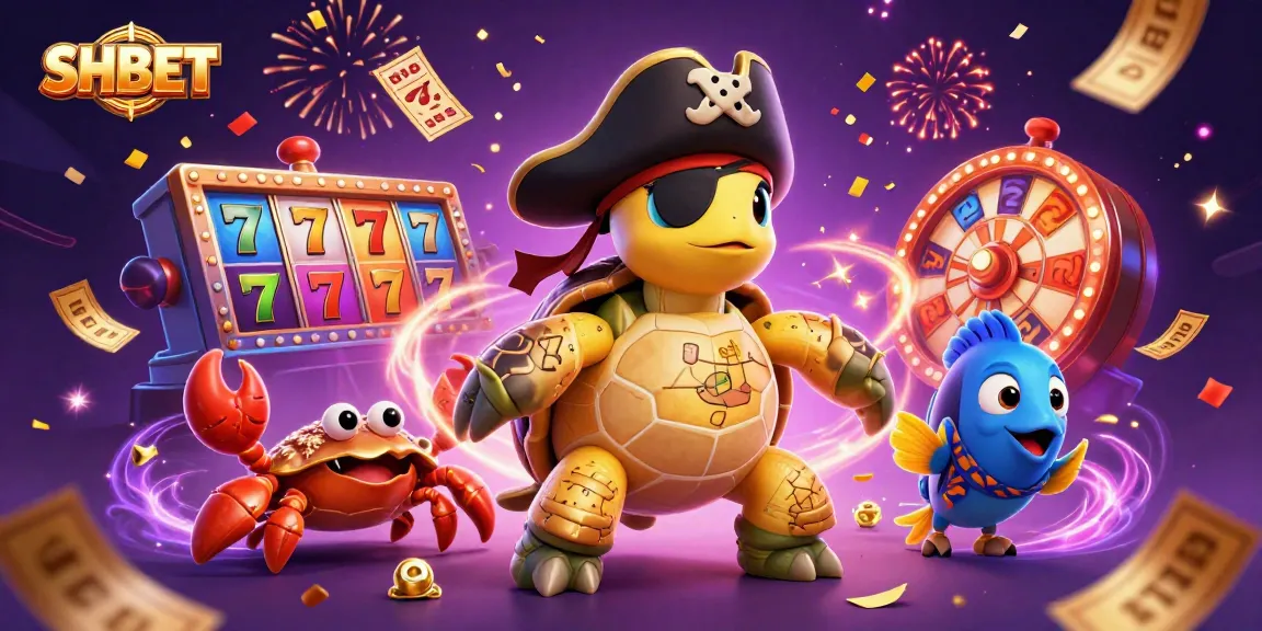 Engage with SHBET’s vibrant casino scene featuring a pirate turtle, crab, and parrotfish amidst a flurry of slots and prizes.