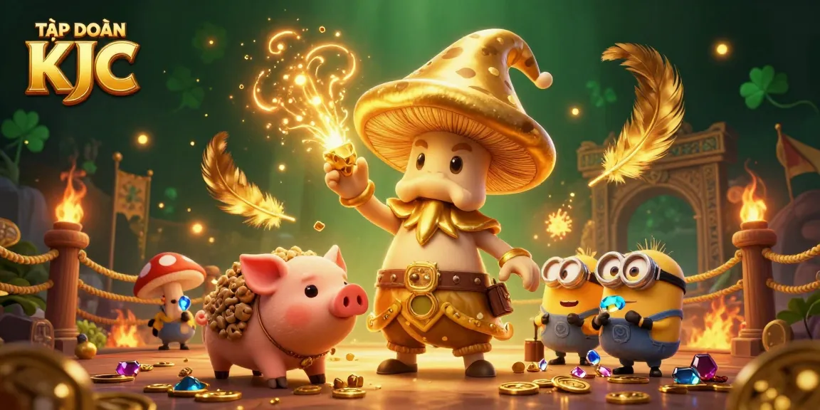 TẬP ĐOÀN KJC showcases an enchanting 3D scene with magical characters and rich casino elements.