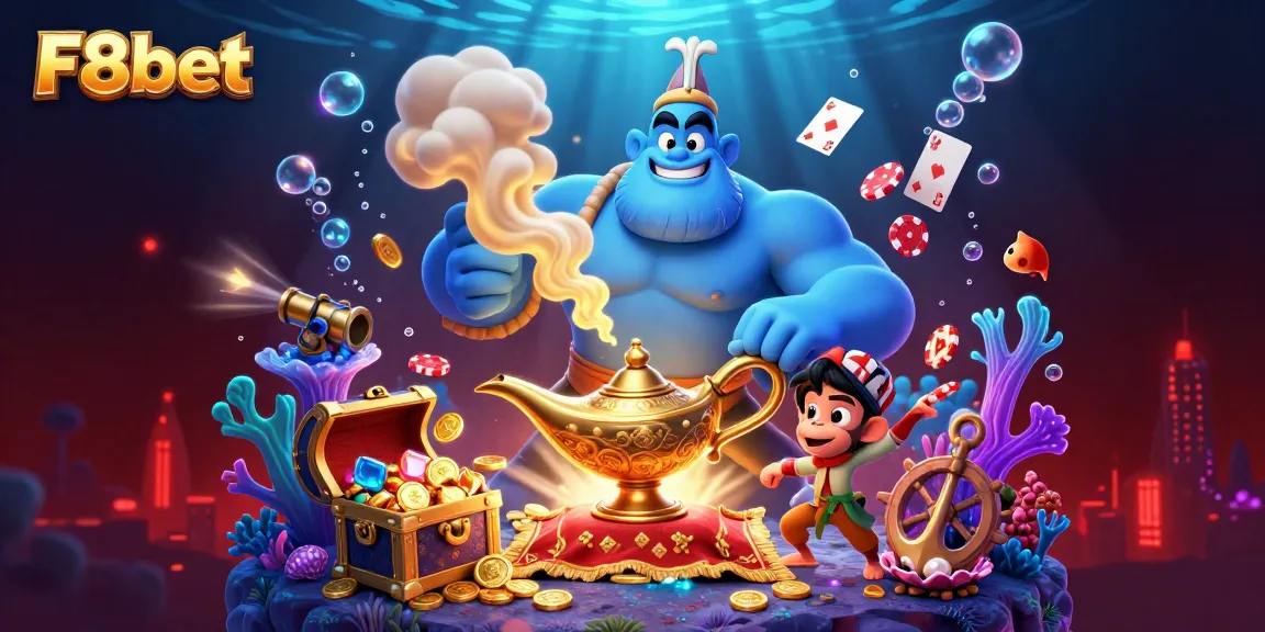 Experience the exciting world of F8bet with a dynamic scene featuring a captivating genie and gambling elements.