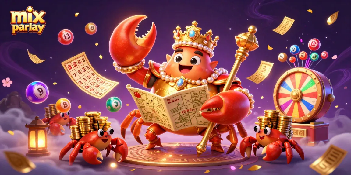 Experience the thrill of mix parlay betting with a vibrant 3D illustration of a golden crab emperor and lottery elements.