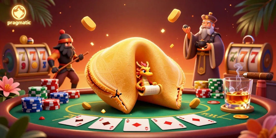 Experience pragmatic gaming with a dynamic scene of a golden fortune cookie and casino elements.