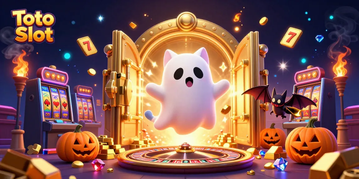 Toto Slot enthusiasts enjoy a lively casino scene with glowing symbols and treasures.
