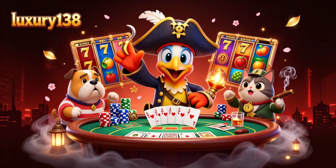 Engage with luxury138's vibrant slot scene showcasing a pirate captain, bulldog, and cat amidst slot reels and poker elements.