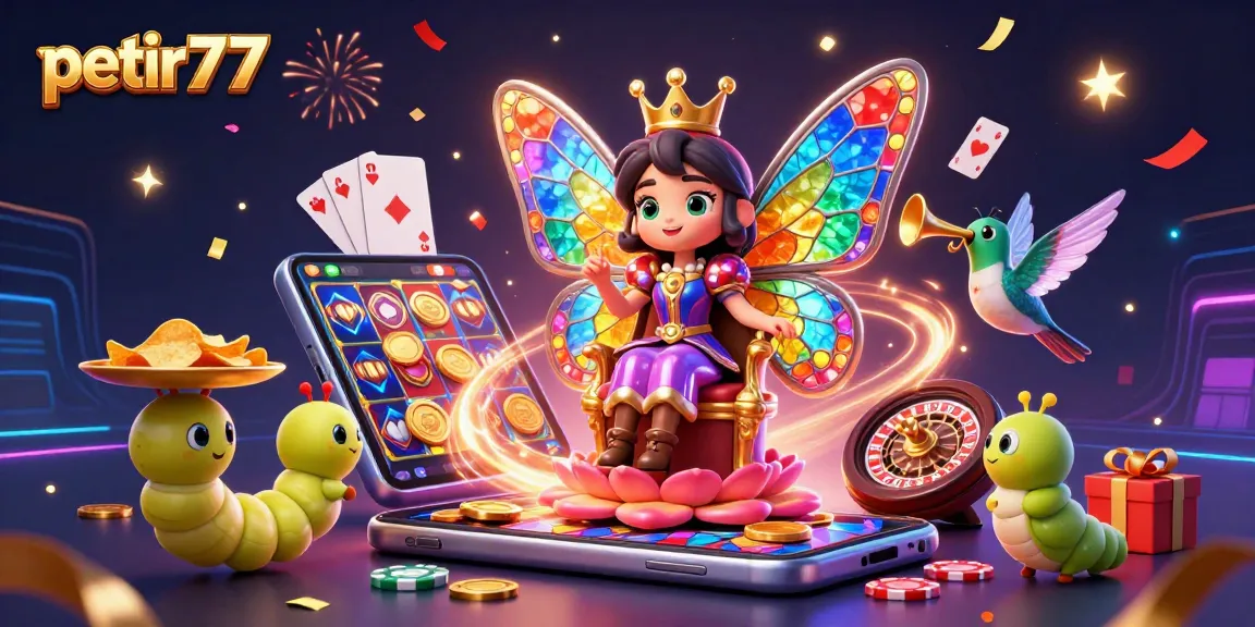 Experience petir777's vibrant gaming world with a butterfly queen amidst casino elements and celebratory effects.