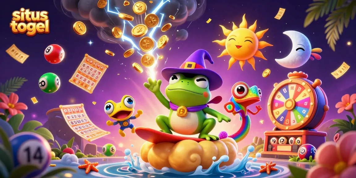 Situs togel theme with wizard frog and chameleon amidst dynamic lottery elements, vibrant colors.