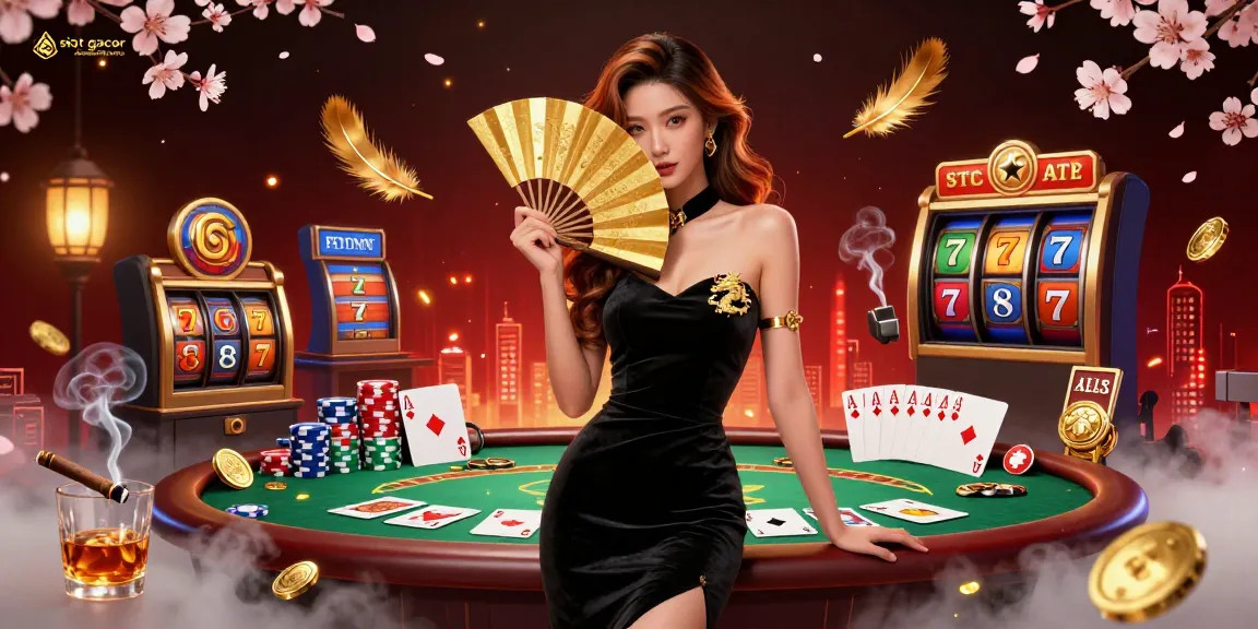 Experience slot gacor with a captivating Asian woman in a glamorous casino setting, full of rich game elements.