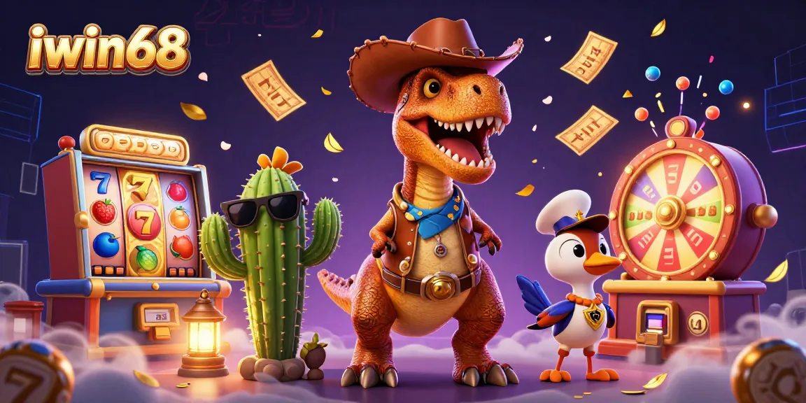 Iwin68 offers thrilling casino experiences with cartoon characters enjoying slots and jackpots in an exciting environment.