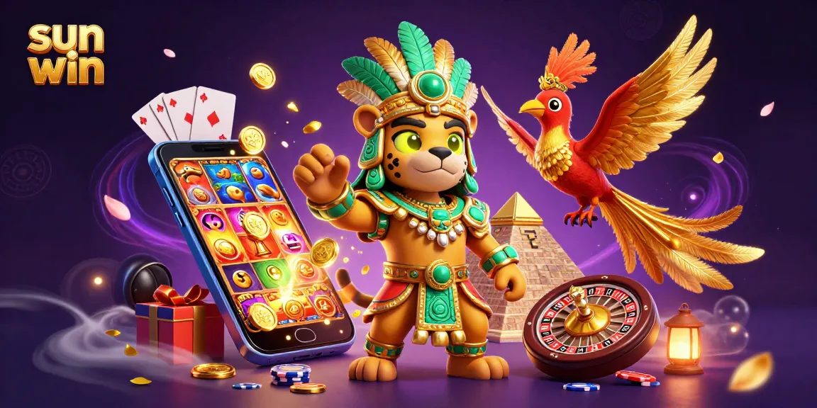 Spin to win with sun win in this vibrant casino scene featuring a Mayan priest and gaming elements.