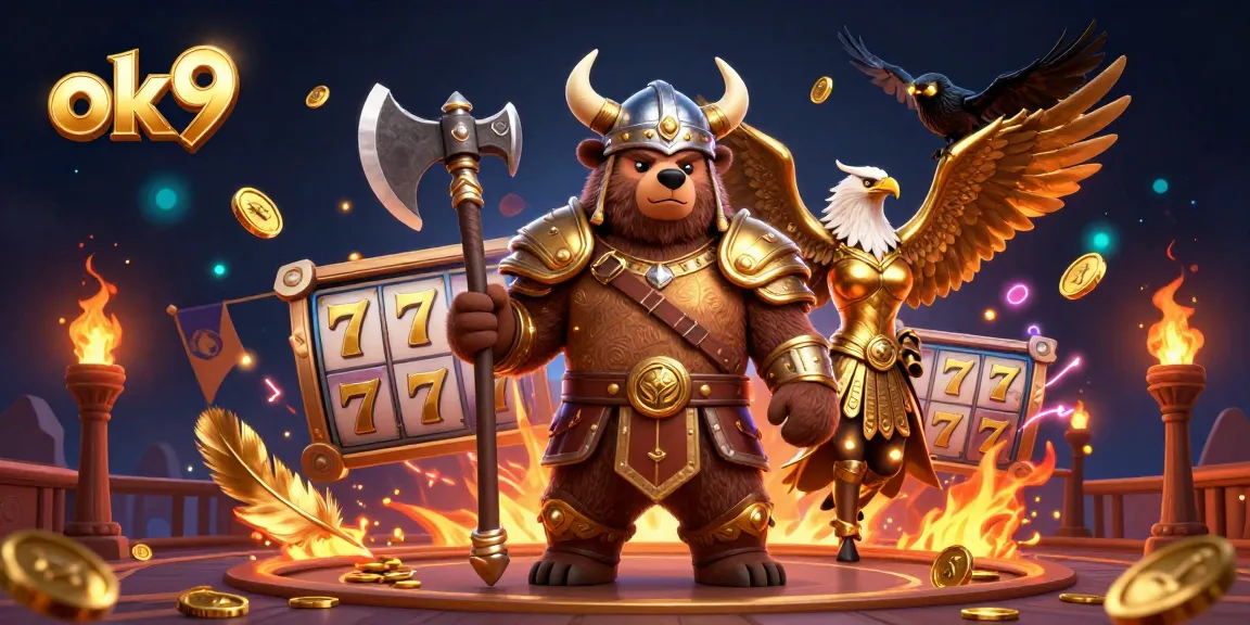 Experience thrilling gameplay as ok9 features a Viking bear, Valkyrie eagle, and vibrant casino elements.