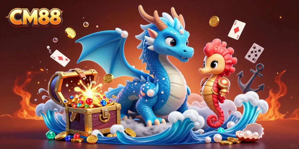 Experience the thrill of CM88 with a dynamic 3D illustration showcasing vibrant casino elements and characters.