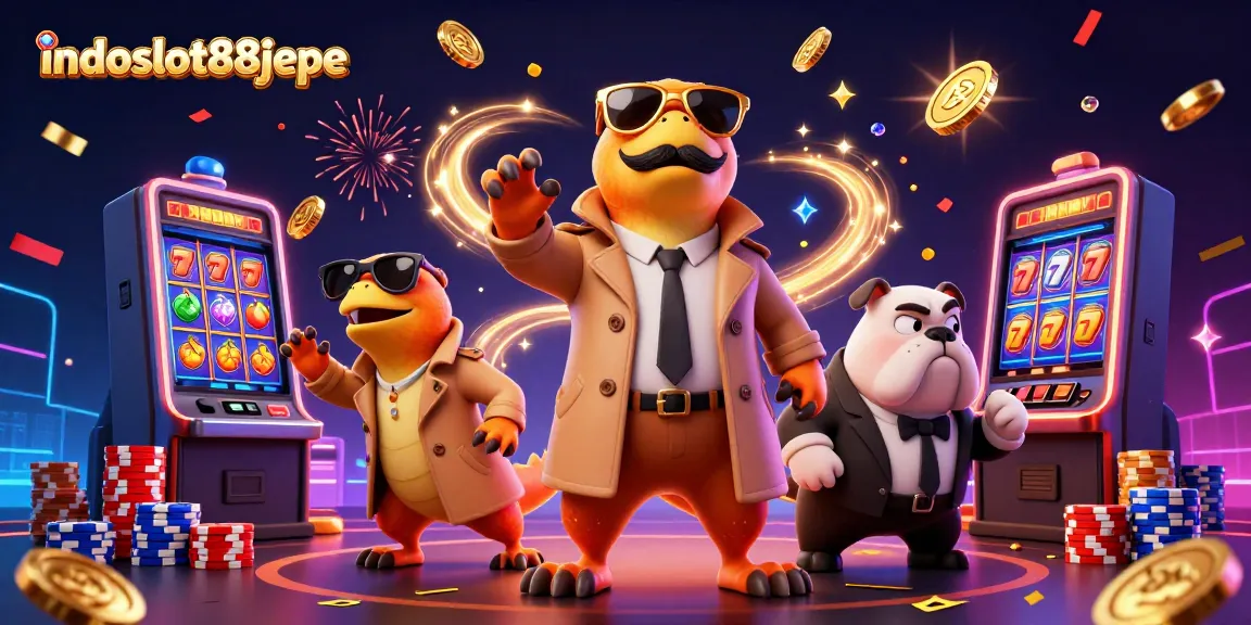 Engage with indoslot88jepe and experience thrilling slot action with colorful raptors in a vibrant casino scene.