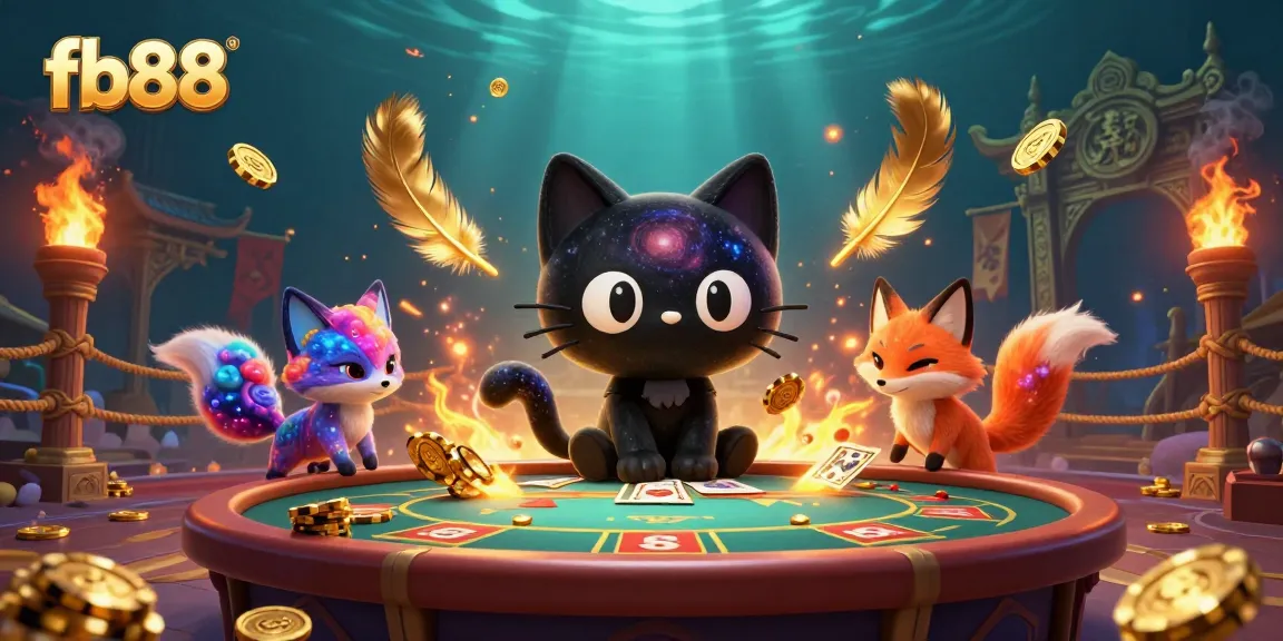 Experience the cosmic casino action with fb88 as the black hole cat pulls in chips and cards.