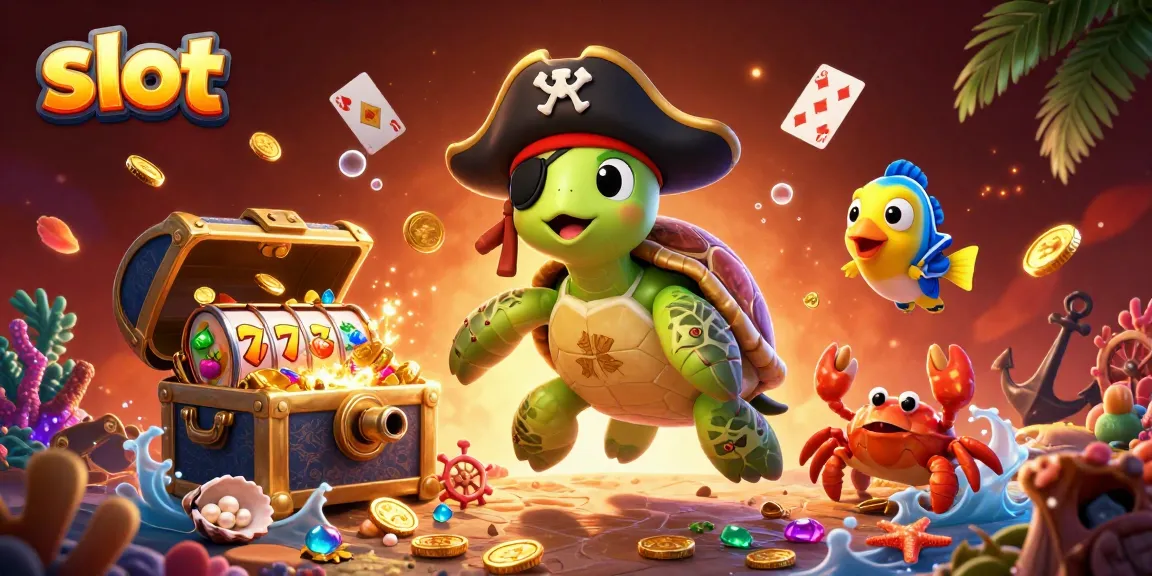 Spin the slot reels with a pirate-themed adventure featuring a turtle and treasures.