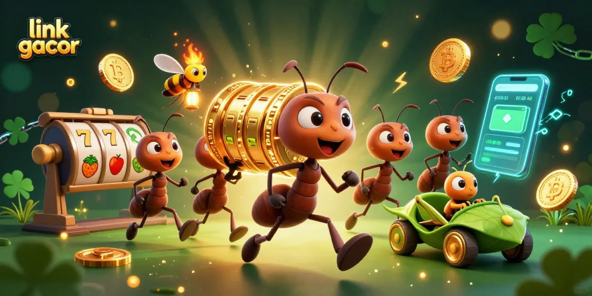 Engage with link slot gacor through a dynamic heist scene featuring ants and slot motifs.