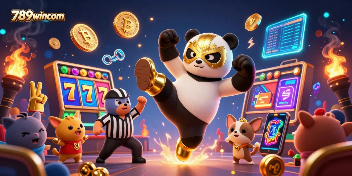 Engage with 789wincom's lively casino atmosphere featuring a flying panda wrestler and cheering animal crowds.