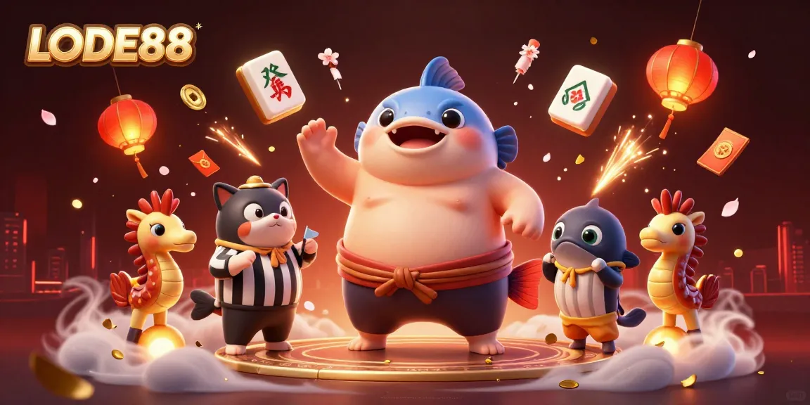 Experience the excitement at LODE88 with a vibrant underwater casino featuring a puffed fugu and cheering sea creatures.