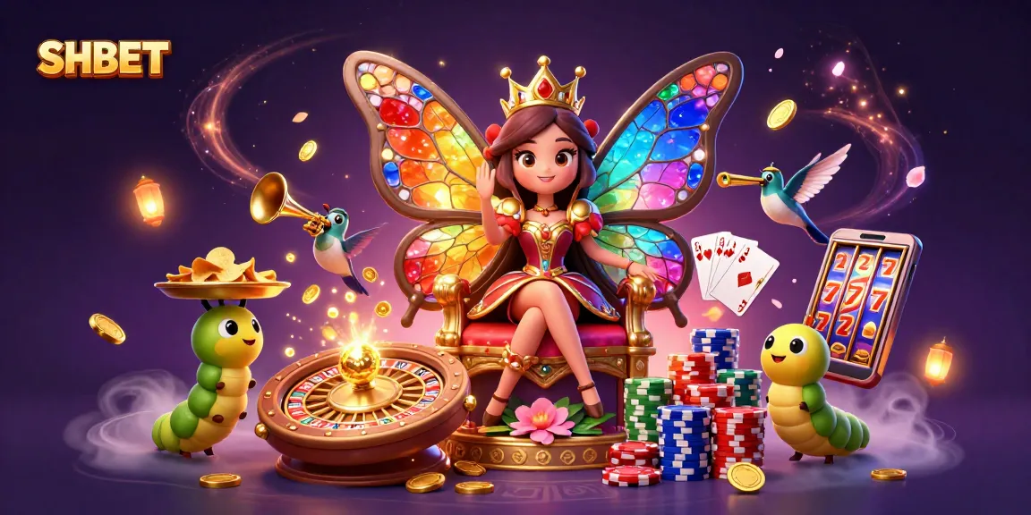 Experience excitement with SHBET as a butterfly queen presides over a vibrant casino atmosphere full of riches.