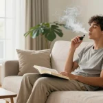Can you vape in Cyprus? Enjoying natural wellness with CBD oil and vape device in a bright, serene living room.