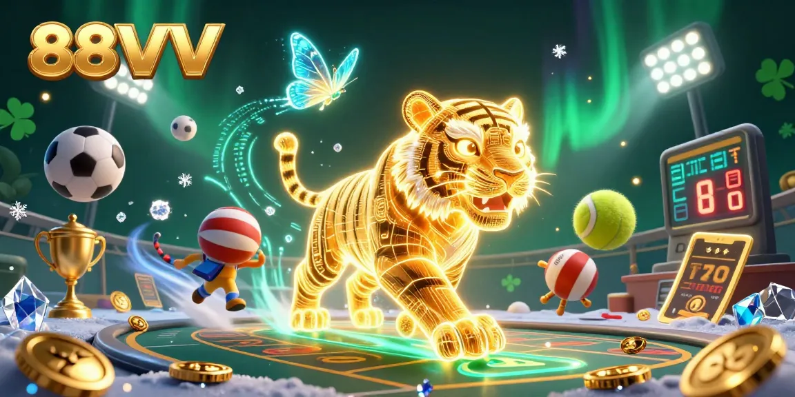 88VV immerses players in a vibrant casino landscape filled with dynamic sports balls and golden trophies.