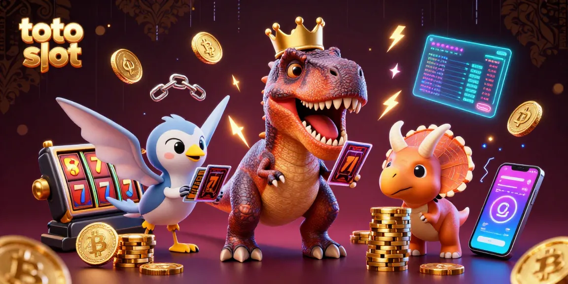 Engage with the thrilling toto slot scene featuring T-Rex shuffling cards and vibrant slot elements.