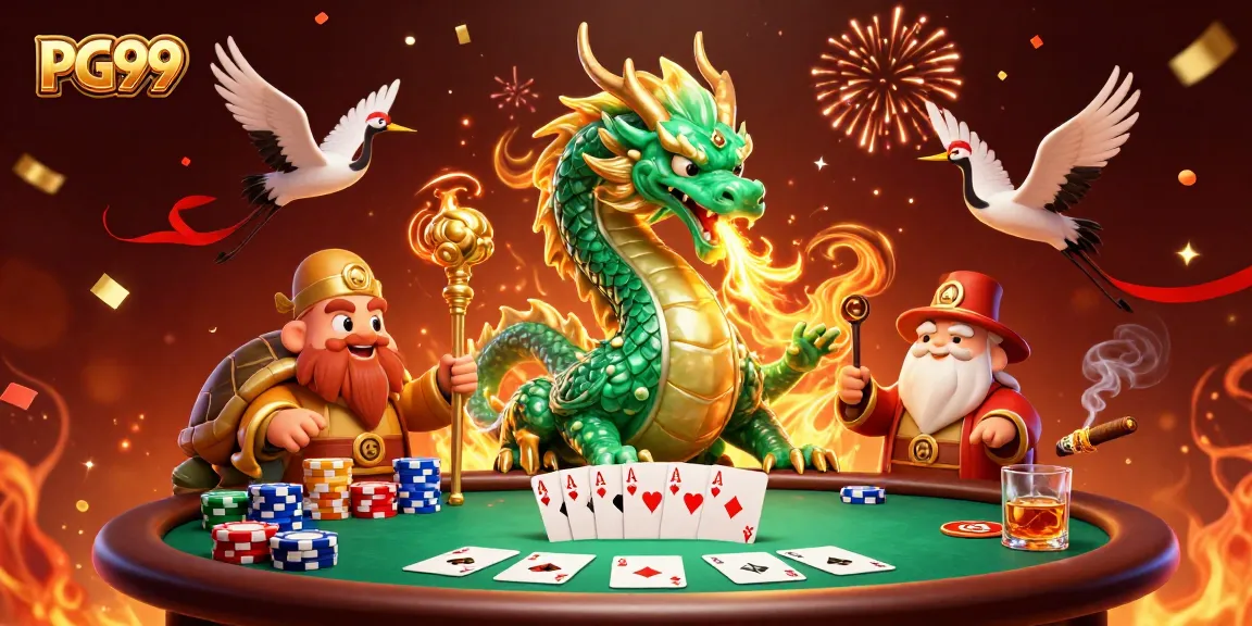Engage with PG99's thrilling gameplay featuring a jade dragon, lucky cranes, and vibrant poker chips.