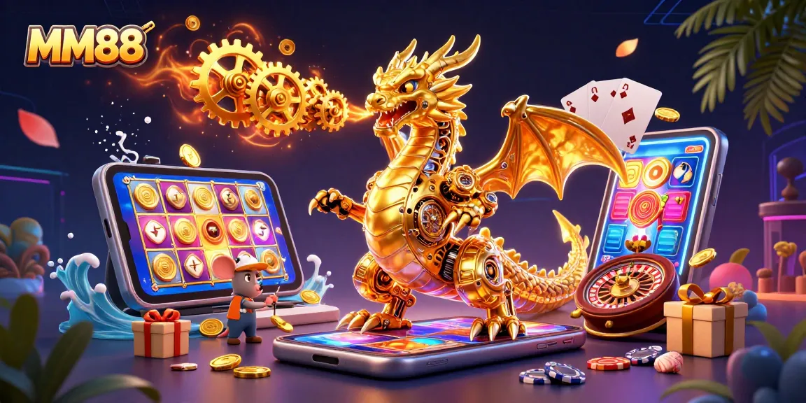 Experience thrilling gameplay at MM88 with a golden dragon amidst exciting casino elements.