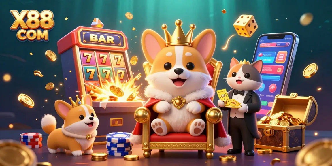 X88 COM celebrates jackpot moments with a royal corgi and exciting casino game elements.