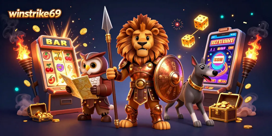 winstrike69 promotes thrilling slots experience with dynamic golden coins, game elements, and energetic characters.
