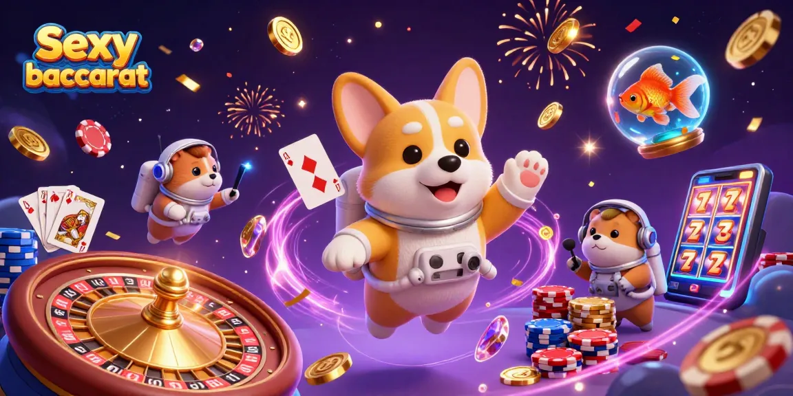 Experience the thrill of Sexy baccarat with a dynamic space casino scene featuring floating characters and game elements.