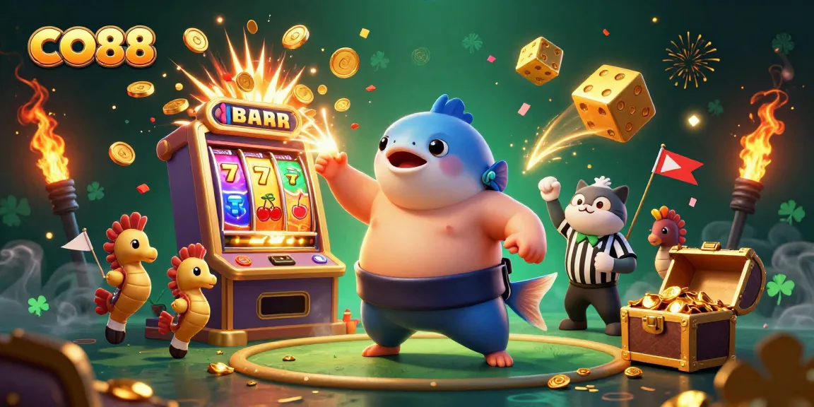 Experience CO88 excitement with a fugu in a sumo belt amidst jackpot chaos and vibrant casino action.