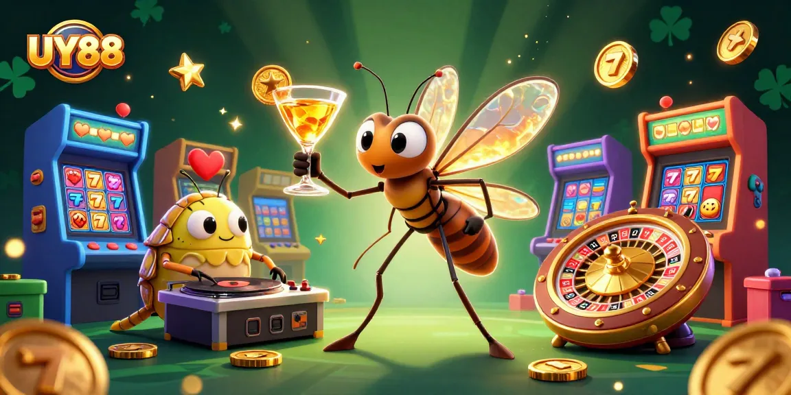 Win big at UY88 with an engaging depiction of a casino scene featuring unique characters and vibrant gaming elements.