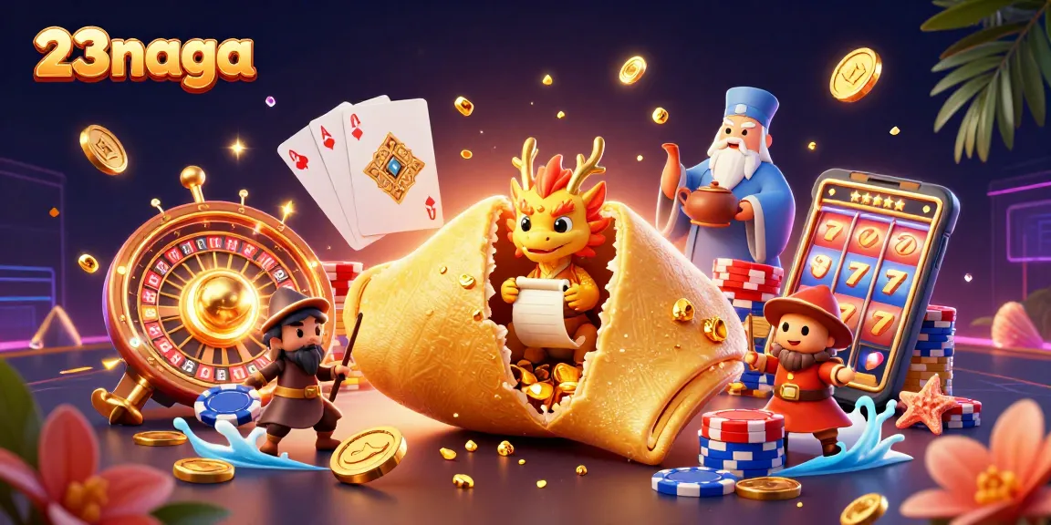 Win big with 23naga in a vibrant casino illustration packed with dynamic gaming elements.