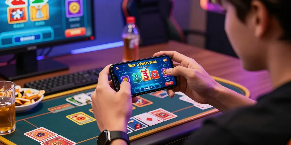Engaged player enjoying 3 Patti Blue game on smartphone with colorful graphics and a vibrant gaming setup.