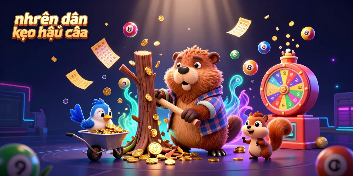 Engaging illustration featuring nhận định kèo nhà cái with beaver collecting golden coins amid vibrant casino elements.