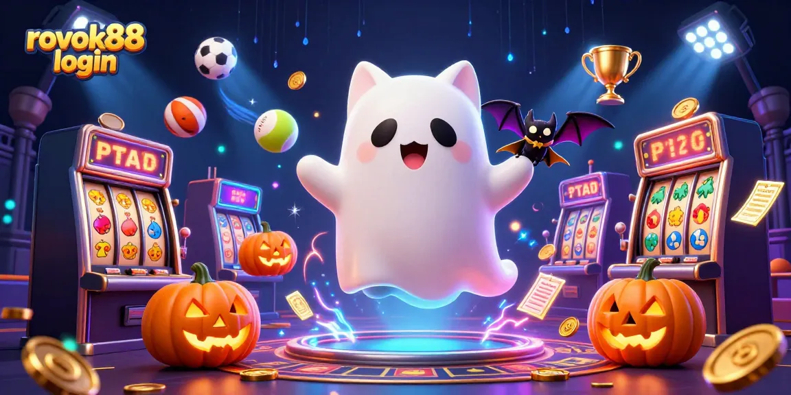 Rokok88 login dan karakter ceria di kasino menampilkan slot, kucing hantu, dan bat vampir.