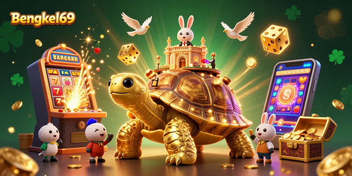 Experience the excitement of Bengkel69 with a vibrant casino illustration featuring golden tortoises and lively game elements.